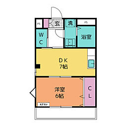 グランデージ江口 2階1DKの間取り