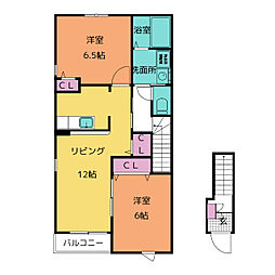 グランドヒル　A 2階2LDKの間取り