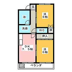 屋根星ハイツ 3階2DKの間取り