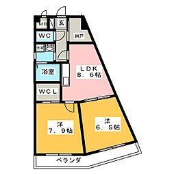 ベルヴュー小坂 3階2LDKの間取り