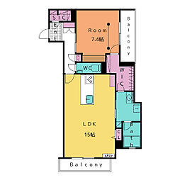 ＨＩＧＨ　ＬＩＮＥ　ＰＡＲＫ（ハイラインパーク）Ｂ棟 4階1LDKの間取り