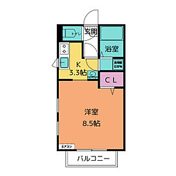 カーサ・ミモザ 1階ワンルームの間取り