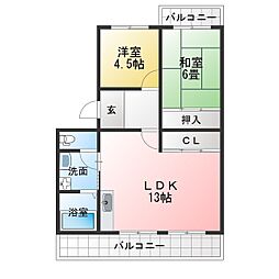 グリーンヒル東新K号棟 2LDKの間取図画像