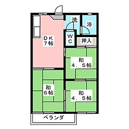 フォーブル川北Ａ棟 2階3DKの間取り