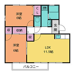 ヴィラージュ 2階2LDKの間取り