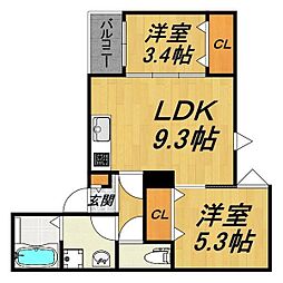 LECOCON蟹江 2階2LDKの間取り