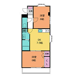 バーディー源氏ハイツ 3階2DKの間取り