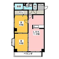 シャイン富吉 2階2LDKの間取り