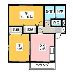 セジュール翌桧 2DKの間取図画像