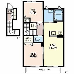 サンパーク小鹿B 2LDKの間取図画像