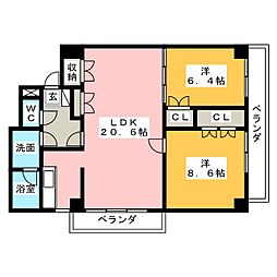 上浅田レジデンス 2LDKの間取図画像