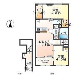 羽島郡笠松町中野マンション 2LDKの間取図画像
