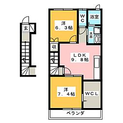 デュースＨＩＮＡ 3階2LDKの間取り