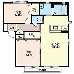 バリュージュクレスト　B 1階2LDKの間取り