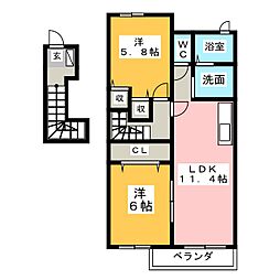 ブライトネス　エスティ　Ａ 2階2LDKの間取り