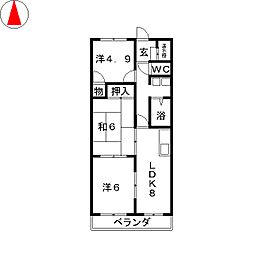 エクセル中川原 4階2LDKの間取り