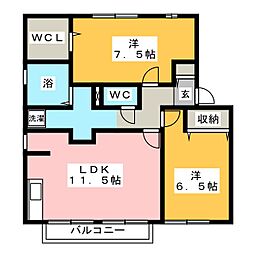 ハイカムールジュンB棟 2LDKの間取図画像