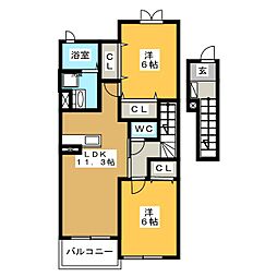 フォレスト　ハナミズキＢ 2階2LDKの間取り