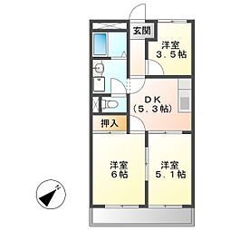 ペアーハイツB 3Kの間取図画像