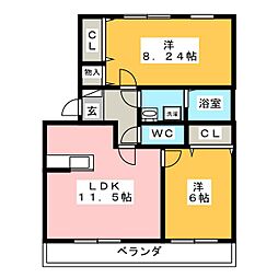 リシェス 1階2LDKの間取り