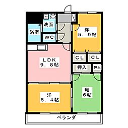 サンライズ駅部田 3階3DKの間取り