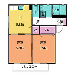 アクアガーデン　Ａ 2階2DKの間取り