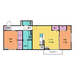 ディーシャンブル大黒田II 3階2LDKの間取り