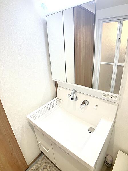 ●洗面化粧台:シャワー水栓・収納付きミラー仕様(※小物はAIによる修正で消去した状態です。)