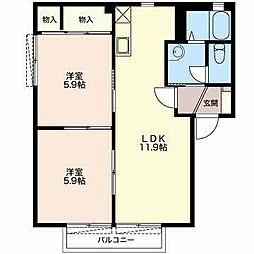 フィールドパレスＢ 1階2LDKの間取り