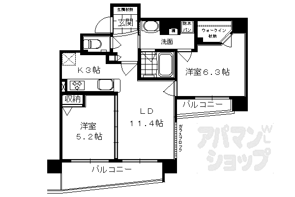 京都府京都市中京区蛸薬師通室町西入姥柳町(賃貸マンション2LDK・6階・53.44㎡)の写真 その2