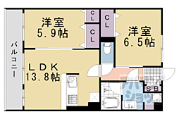 京都市営烏丸線 丸太町駅 徒歩4分の賃貸マンション 3階2LDKの間取り