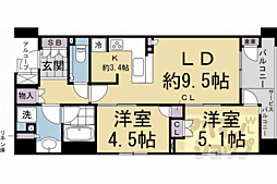 京都市営烏丸線 烏丸御池駅 徒歩6分の賃貸マンション 3階2LDKの間取り