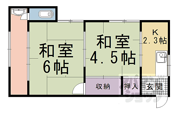 広田アパート 2F-北｜京都府京都市右京区龍安寺五反田町(賃貸アパート2K・2階・21.00㎡)の写真 その2