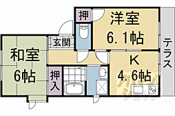 叡山電鉄鞍馬線 八幡前駅 徒歩10分の賃貸アパート 1階2Kの間取り
