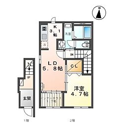 シルキーII 2階1LDKの間取り