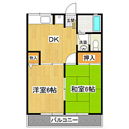 つくばルミエールC棟 2階2DKの間取り