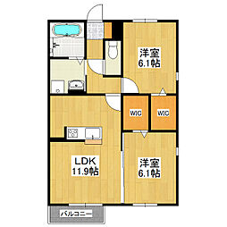 朝日レジデンス学園の森 2階2LDKの間取り
