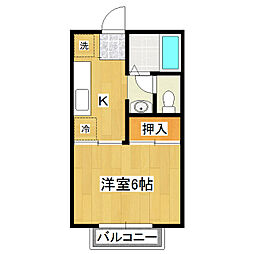 ウエストパーク高野D棟 2階1Kの間取り