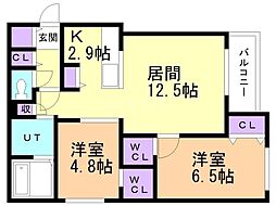 札幌市白石区菊水一条4丁目マンション 2LDKの間取図画像