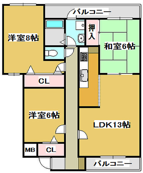 プランドール加古川 204｜兵庫県加古川市加古川町美乃利(賃貸マンション3LDK・2階・73.98㎡)の写真 その2