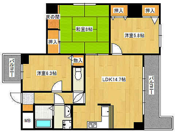 ライオンズマンション姫路 206｜兵庫県姫路市忍町(賃貸マンション3LDK・2階・76.36㎡)の写真 その2