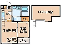 京都市伏見区深草佐野屋敷町アパート 2Kの間取図画像