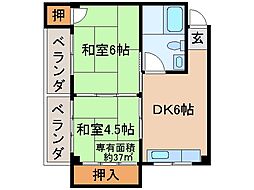 京都地下鉄東西線 東野駅 バス6分 上花山久保町下車 徒歩3分の賃貸マンション 2階2DKの間取り