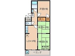 近鉄京都線 富野荘駅 徒歩1分の賃貸マンション 2階3LDKの間取り