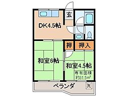 京都地下鉄東西線 椥辻駅 徒歩18分の賃貸マンション 3階2DKの間取り
