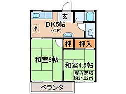 京都地下鉄東西線 石田駅 徒歩16分の賃貸アパート 2階2DKの間取り