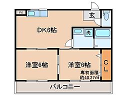 近鉄京都線 富野荘駅 徒歩3分の賃貸マンション 3階2DKの間取り