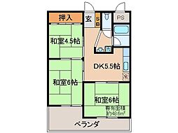 京都地下鉄東西線 小野駅 徒歩2分の賃貸マンション 3階3DKの間取り