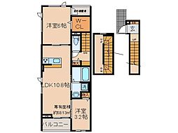 近鉄京都線 大久保駅 徒歩12分の賃貸アパート 3階2LDKの間取り