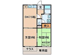 JR奈良線 長池駅 徒歩5分の賃貸アパート 1階2DKの間取り